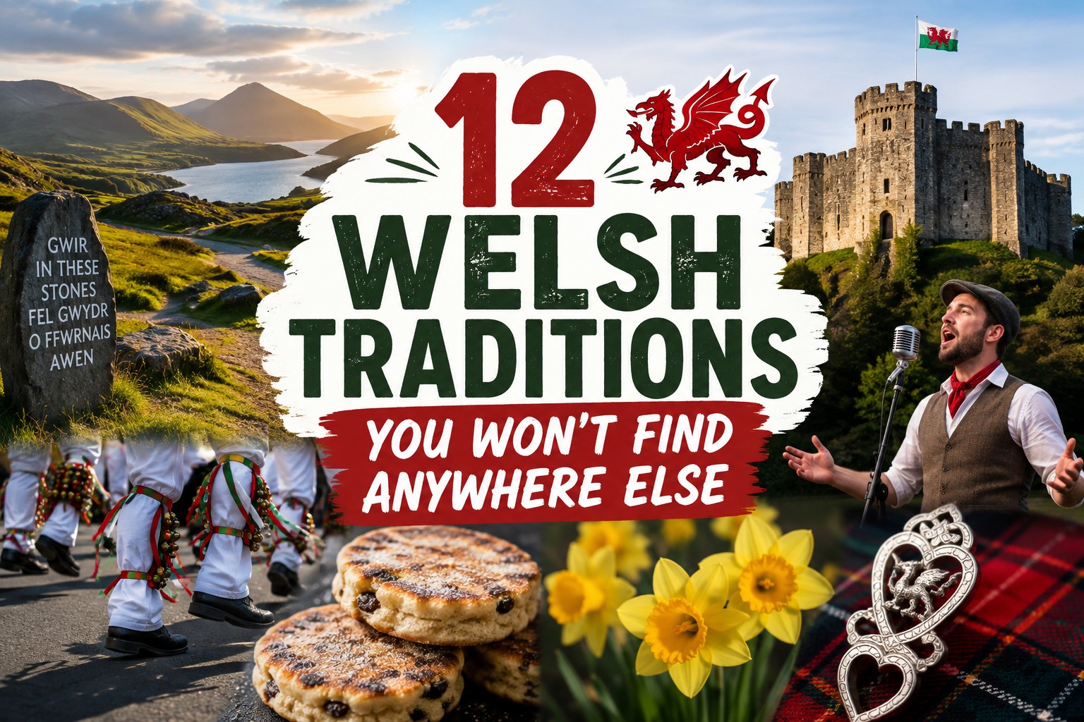 placeholder 12 unique Welsh traditions including Welsh cakes, folk dancing, daffodils, the Welsh dragon and traditional Welsh culture