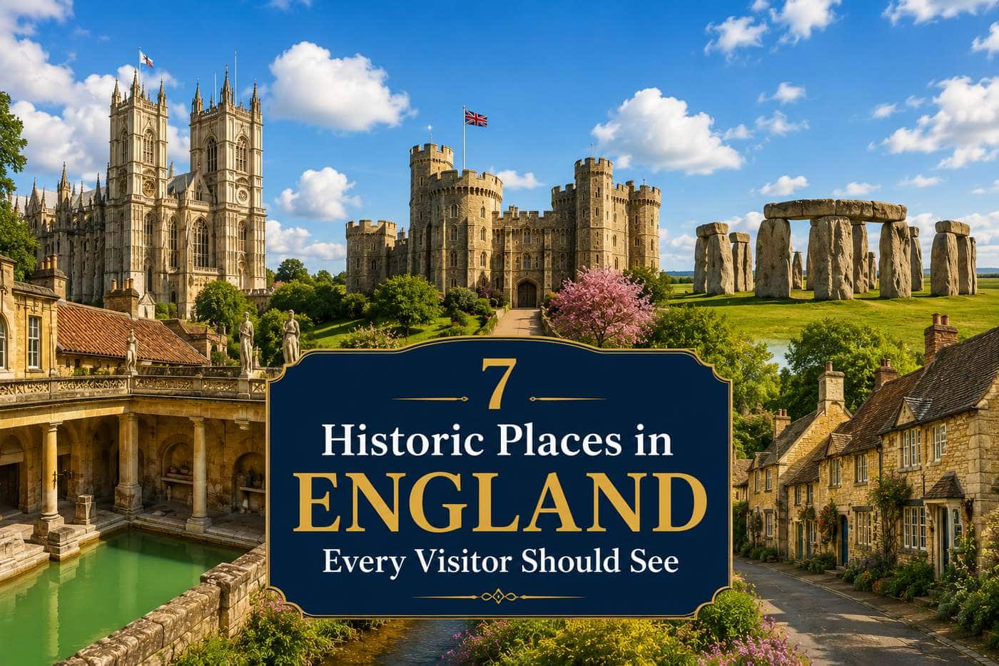Historic places in England including Stonehenge, Windsor Castle, historic cathedral architecture and traditional English villages.