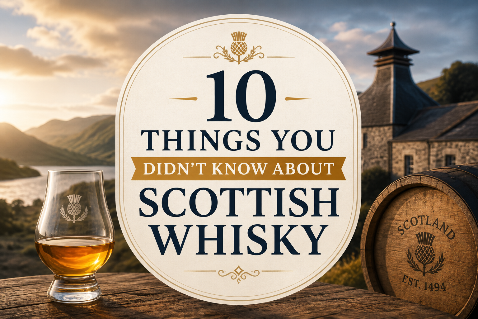 Scottish whisky glass and barrel overlooking the Scottish Highlands for 10 Things You Didn’t Know About Scottish Whisky