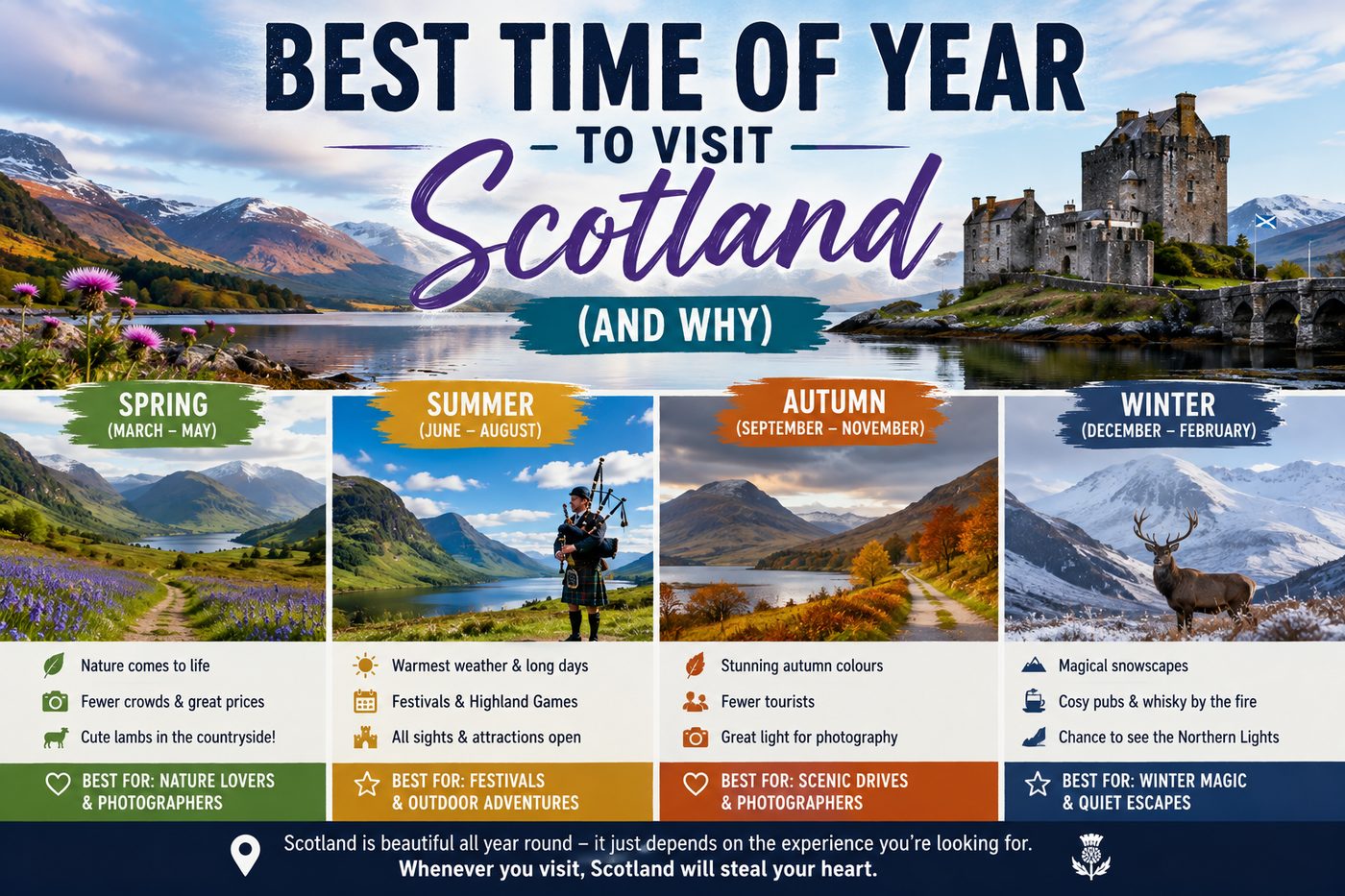 Best time of year to visit Scotland showing the Scottish Highlands, castles and scenery across spring, summer, autumn and winter