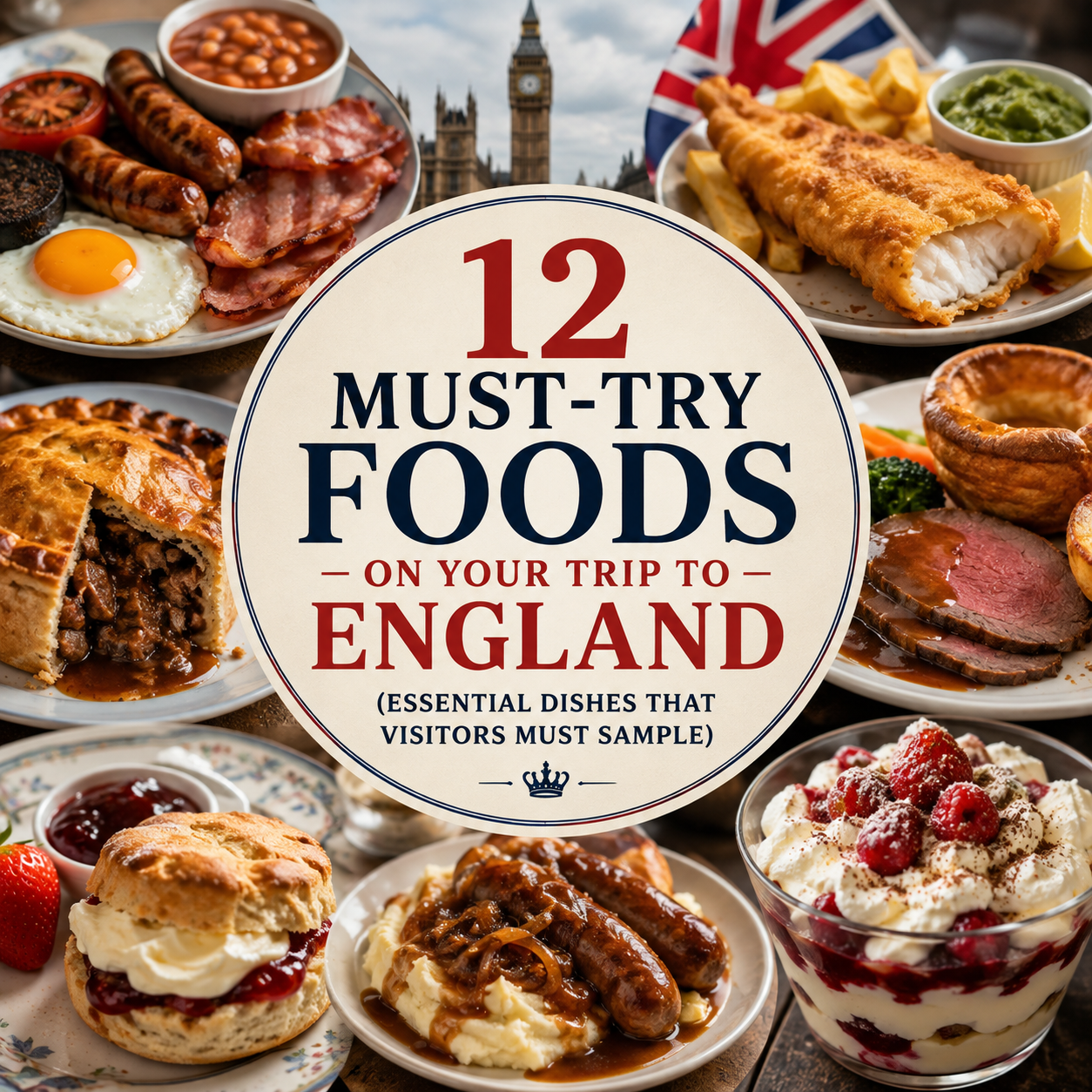 Traditional English foods including fish and chips, full English breakfast, Sunday roast, meat pie, scones and bangers and mash.