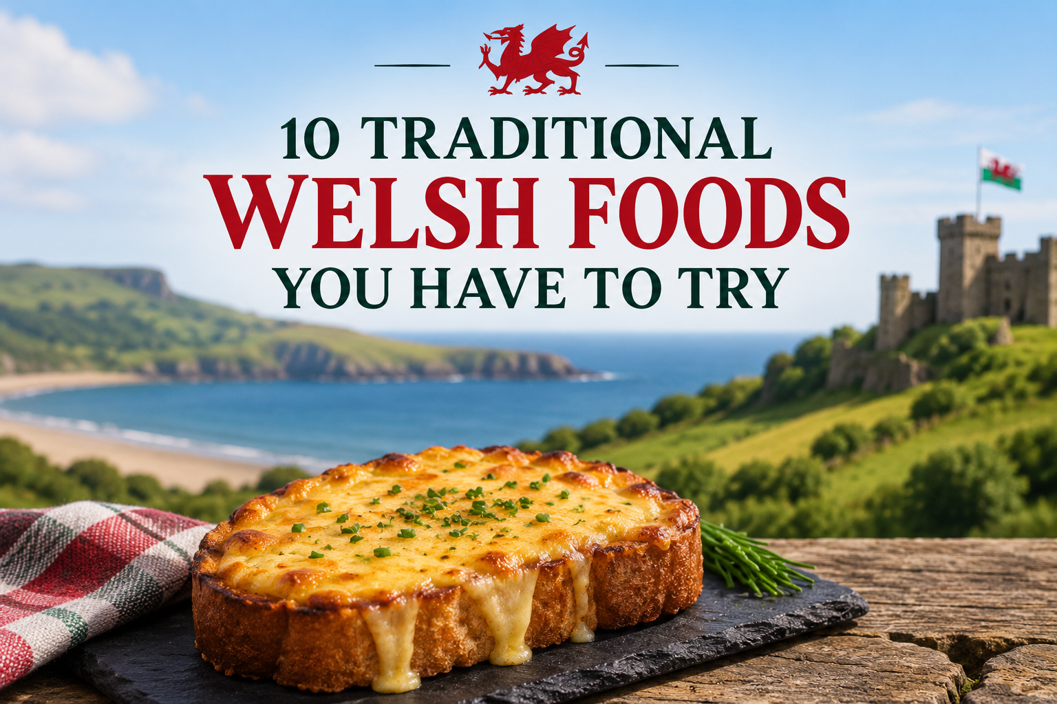 Traditional Welsh food with Welsh rarebit overlooking the Welsh countryside for 10 Traditional Welsh Foods You Have to Try