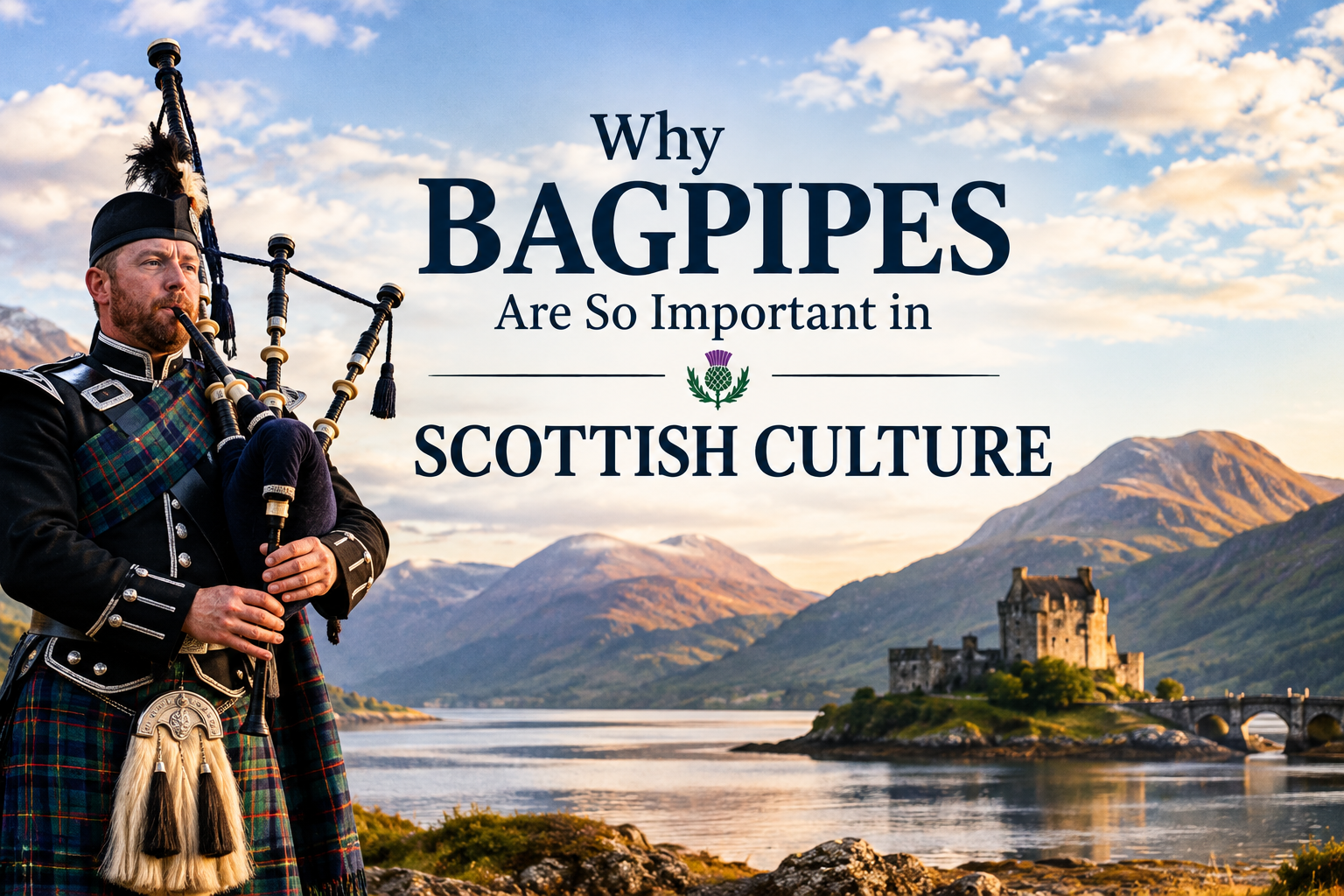 Scottish bagpiper playing traditional bagpipes in the Highlands, representing the importance of bagpipes in Scottish culture